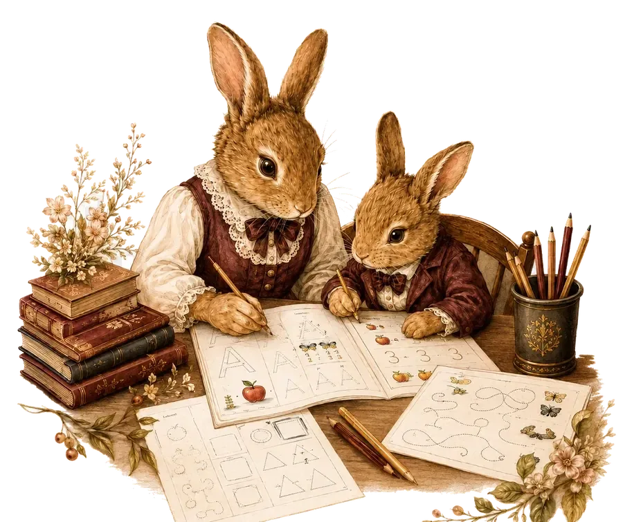 Dois coelhos em aquarela estudando juntos com livros, lápis e atividades impressas